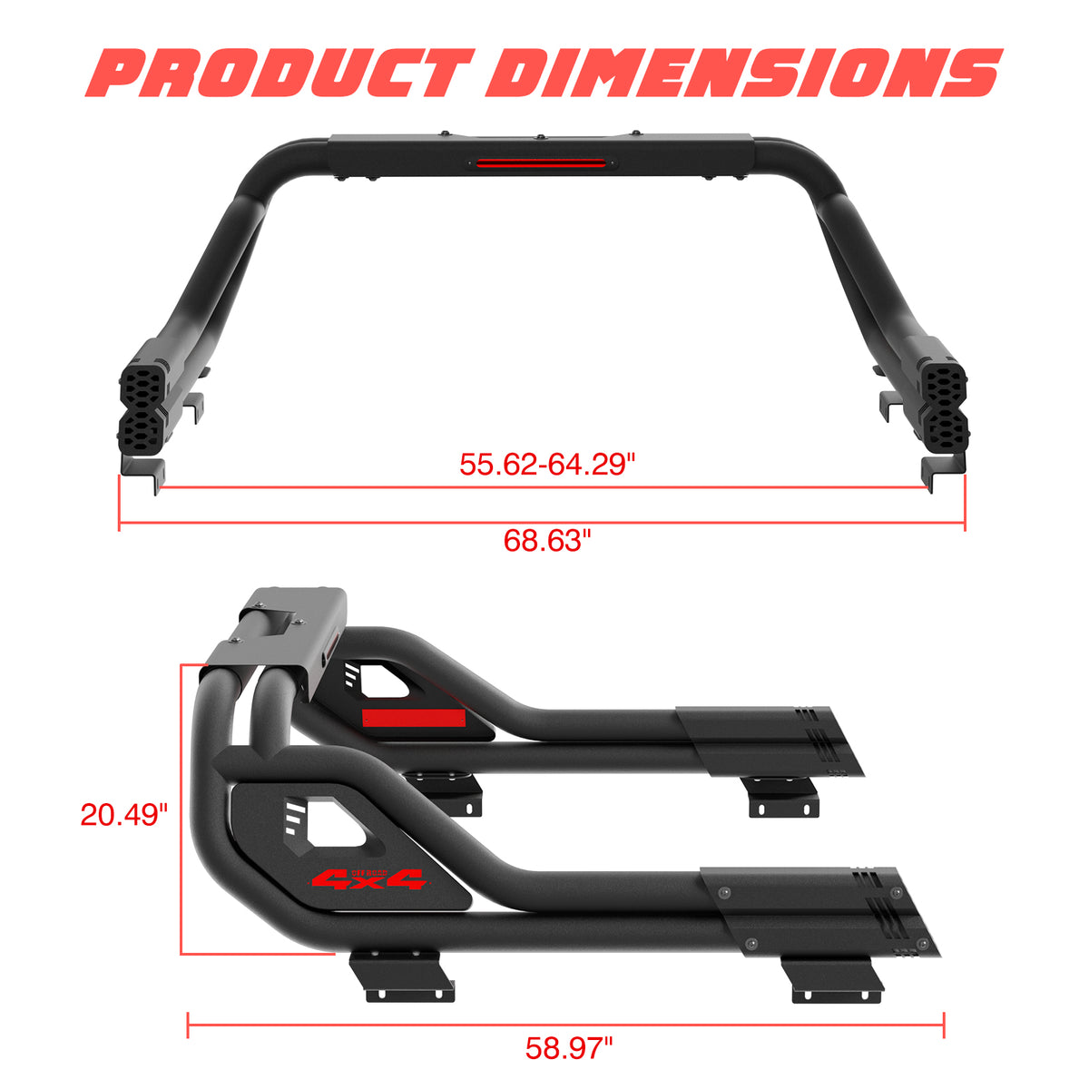 Adjustable Width Heavy-Duty Steel Sport Bed Rack Roll Bar - Universal Automotive Vehicle Accessories for Full-Size & Mid-Size Pickup Trucks, Cargo Safety Fit for Ford F-150/F-250/F-350, Ram 1500/2500/3500, Tacoma, Tundra, GMC Sierra, Silverado, Titan, Uni