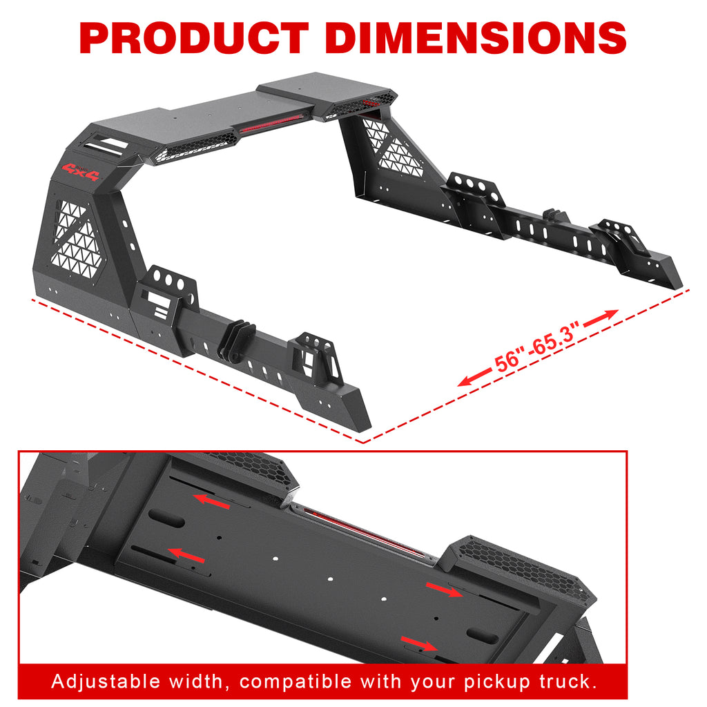 Heavy-Duty Steel Adjustable Sport Roll Bar for Full-Size & Mid-Size Pickup Trucks - Compatible with Toyota Tacoma, Tundra, Sequoia, Ram 1500/2500/3500, Ford F-150/F-250/F-350, Chevy Silverado, GMC Sierra - with LED Lights, Universal Automotive Accessories