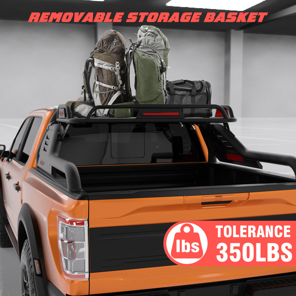 Truck Roll Bar with Cargo Carrier Basket, Adjustable Sport Rack Roll Bars Chase Rack Fit for Ford F-150/F-250/F-350,Dodge Ram,GMC Sierra,Chevy Silverado,Ranger,Tundra,Frontier,Titan (Full & Mid Size)