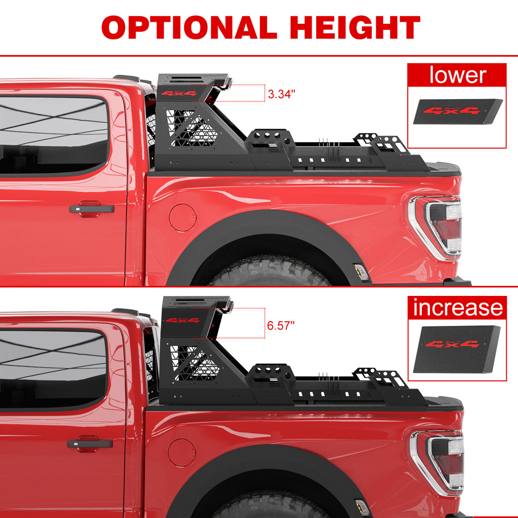Heavy-Duty Steel Adjustable Sport Roll Bar for Full-Size & Mid-Size Pickup Trucks - Compatible with Toyota Tacoma, Tundra, Sequoia, Ram 1500/2500/3500, Ford F-150/F-250/F-350, Chevy Silverado, GMC Sierra - with LED Lights, Universal Automotive Accessories