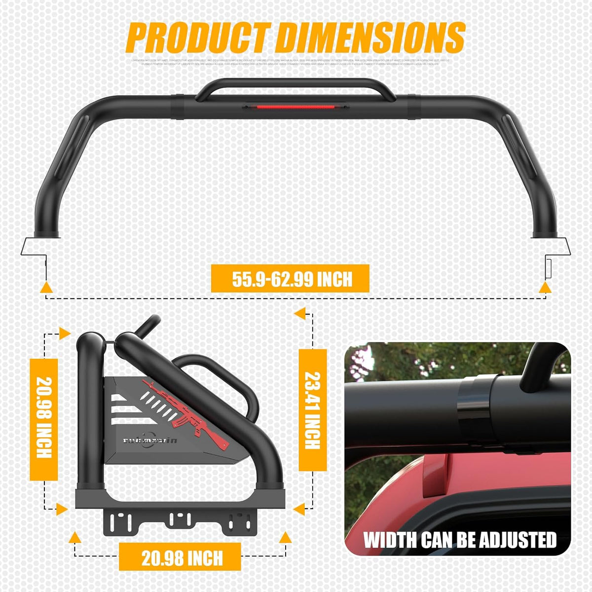 Stainless Steel Adjustable Width Sport Roll Bar - Universal Automotive Car Accessories, Bolt-On Kit with Load Protection, Carbon Steel Chase Rack for Full/Mid-Size Pickup Trucks (Tundra, Ford F-Series, Ram 1500/2500/3500, Silverado, Sierra, Titan), Univer