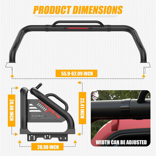 Stainless Steel Adjustable Width Sport Roll Bar - Universal Automotive Car Accessories, Bolt-On Kit with Load Protection, Carbon Steel Chase Rack for Full/Mid-Size Pickup Trucks (Tundra, Ford F-Series, Ram 1500/2500/3500, Silverado, Sierra, Titan), Univer